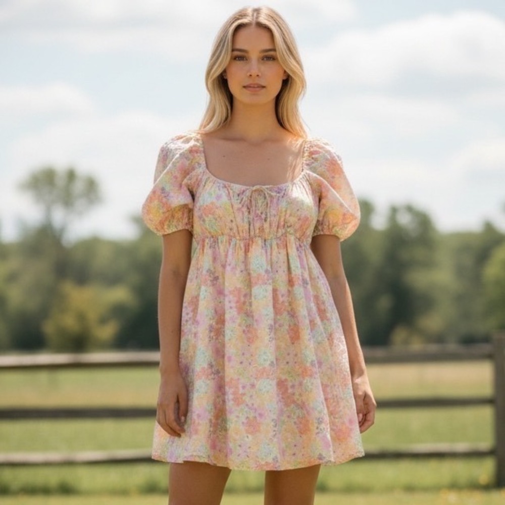 For Love & Lemons Floral Puff Sleeve Mini Dress‎ Pastel Babydoll Cottagecore S